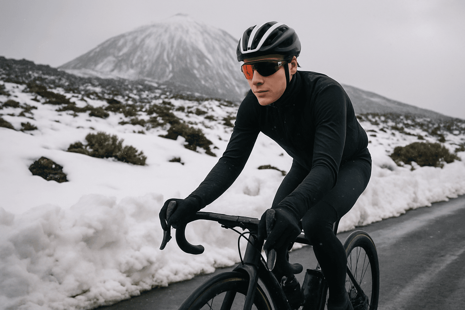 Remco Evenepoel traint in de sneeuw op de Teide